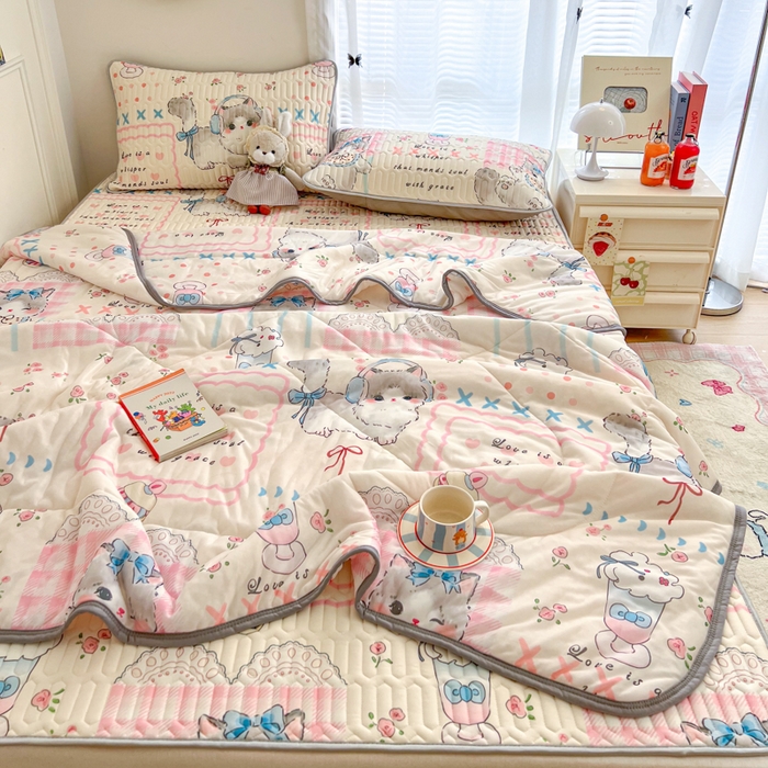 91家纺网 家纺一手货源 找家纺 柒月家居 2026新款凉感丝小清新乳胶凉席 奶盖猫咪