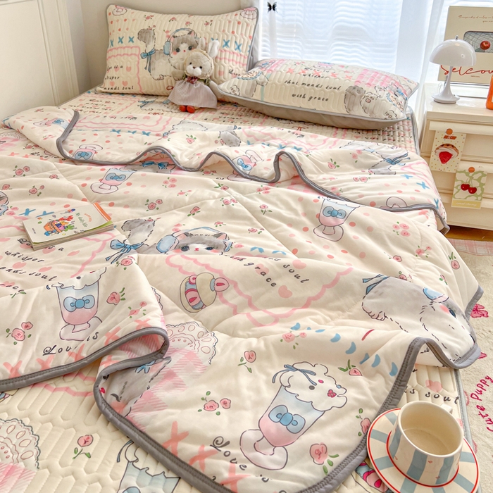 91家纺网 家纺一手货源 找家纺 柒月家居 2026新款凉感丝小清新乳胶凉席 奶盖猫咪