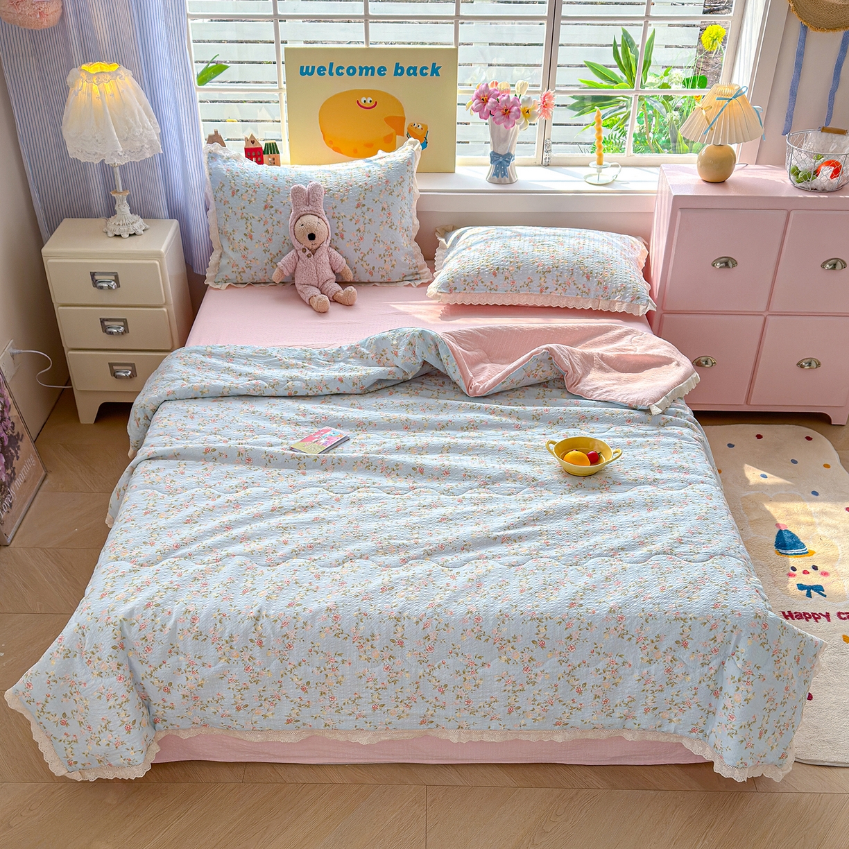 91家纺网 家纺一手货源 找家纺 弗苓家纺 2026新款高克重泡芙棉花边款夏被夏凉被空调被四件套小红书推荐-风格二 微风花园