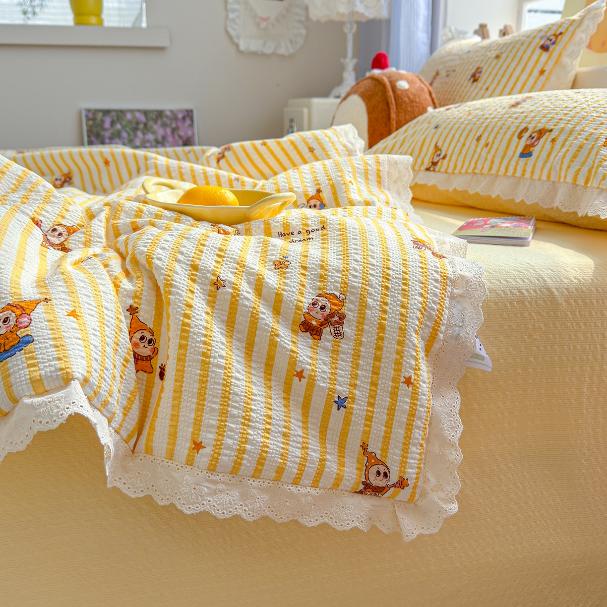 91家纺网 家纺一手货源 找家纺 弗苓家纺 2026新款高克重泡芙棉花边款夏被夏凉被空调被四件套小红书推荐-风格二 条纹星