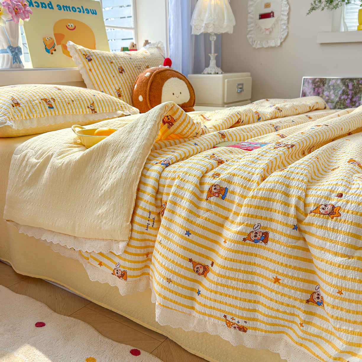 91家纺网 家纺一手货源 找家纺 弗苓家纺 2026新款高克重泡芙棉花边款夏被夏凉被空调被四件套小红书推荐-风格二 条纹星