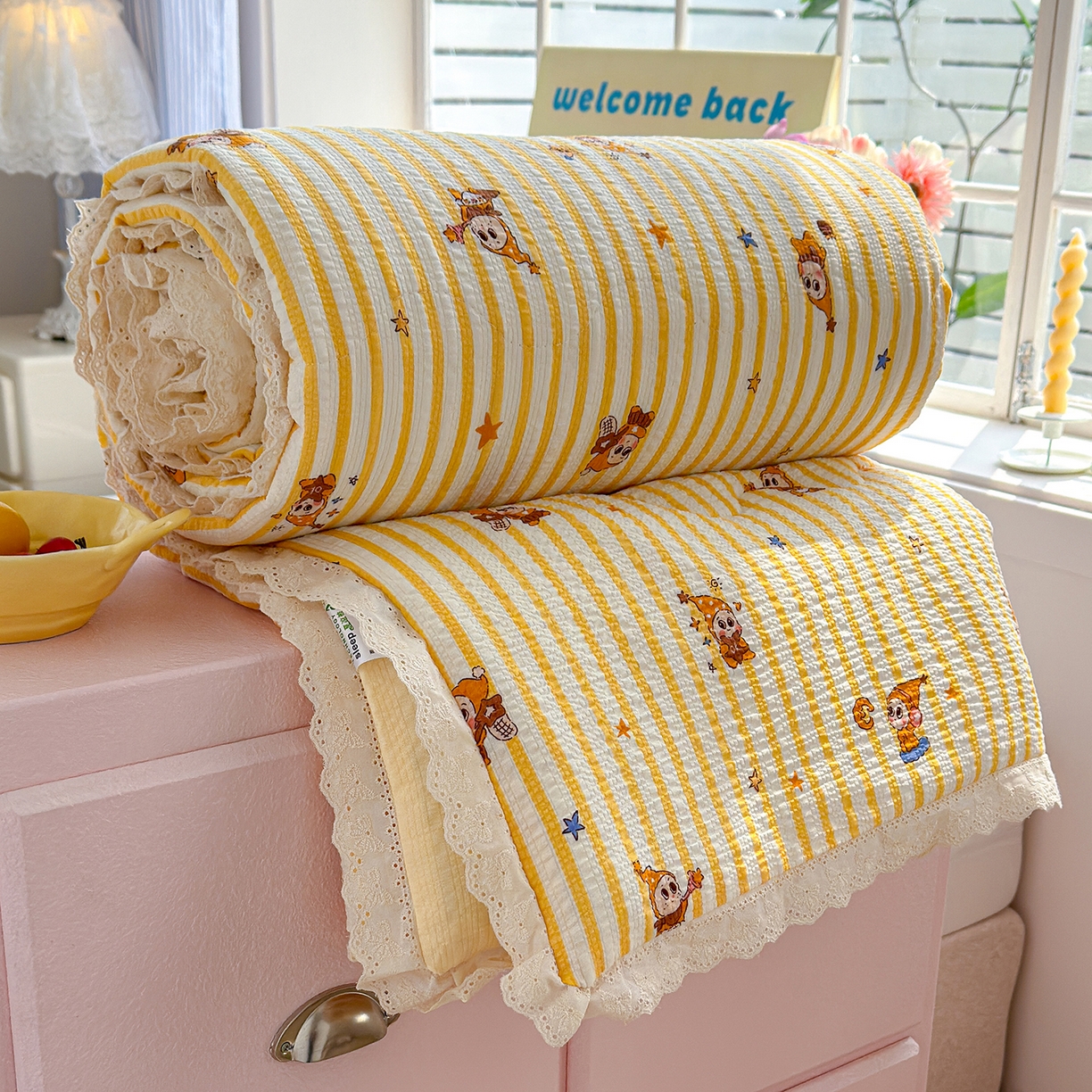 91家纺网 家纺一手货源 找家纺 弗苓家纺 2026新款高克重泡芙棉花边款夏被夏凉被空调被四件套小红书推荐-风格二 条纹星