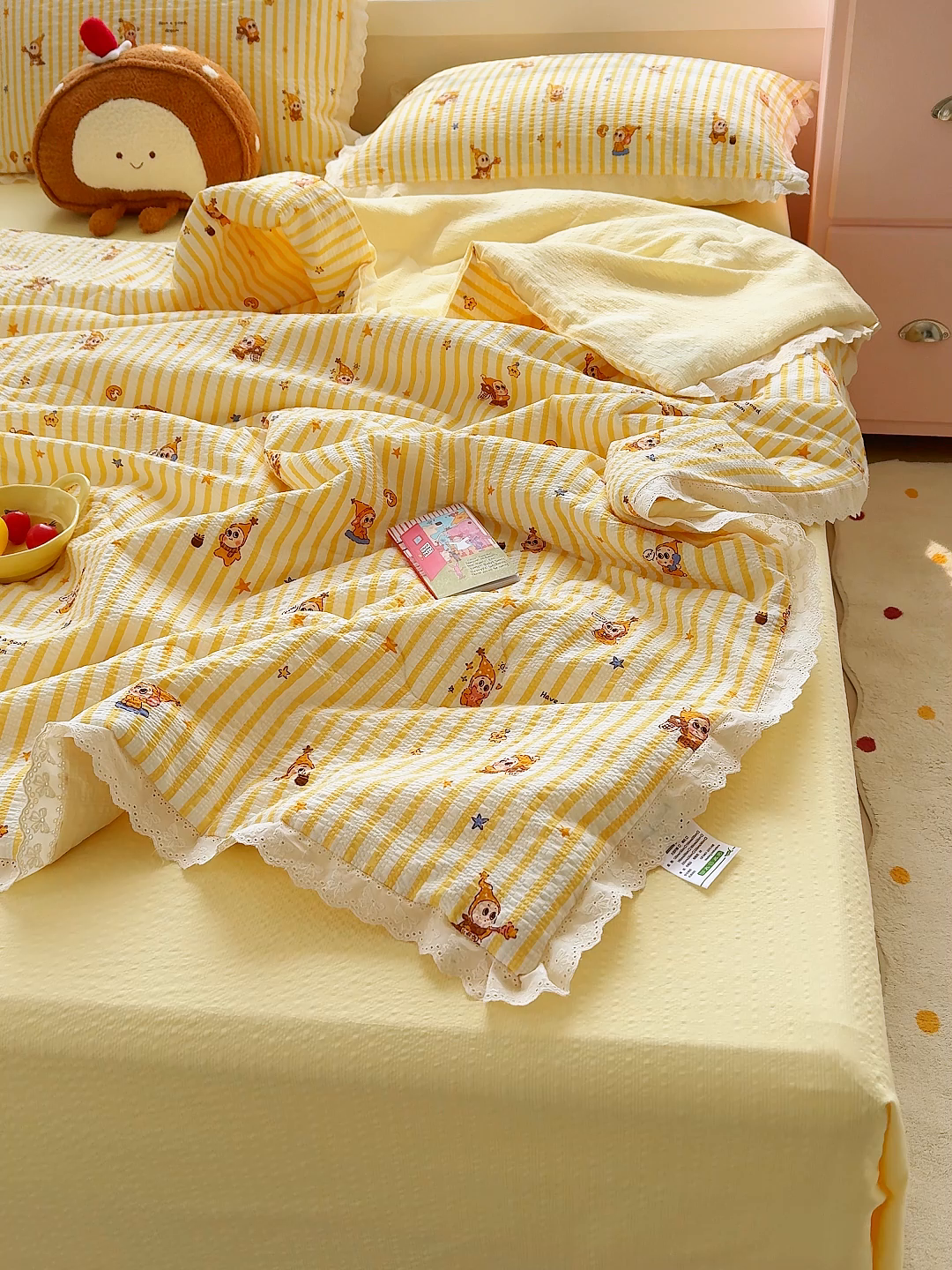 91家纺网 家纺一手货源 找家纺 弗苓家纺 2026新款高克重泡芙棉花边款夏被夏凉被空调被四件套小红书推荐-风格二 条纹星