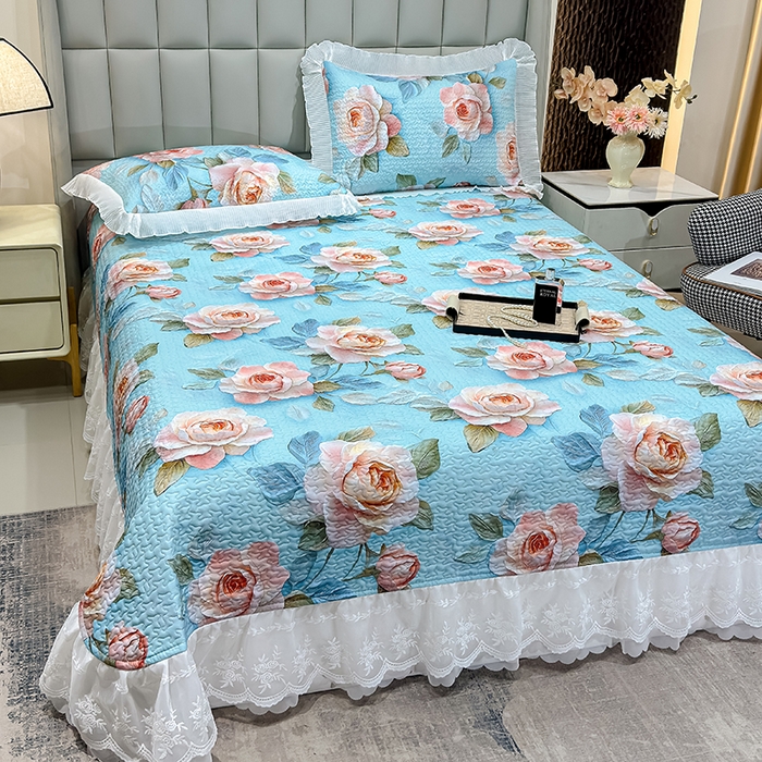 冬然家纺 2026新款数码印花纯棉单床盖床盖单件单品床盖 富贵牡丹-蓝