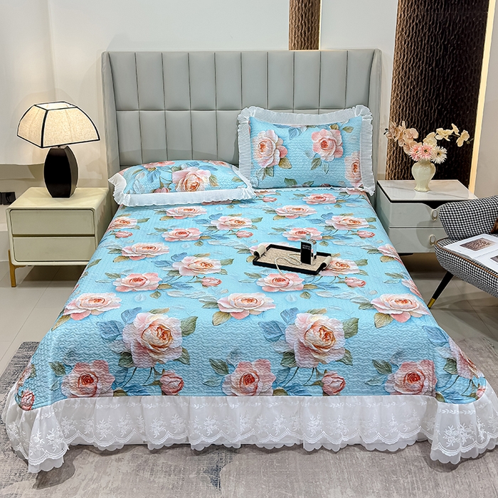 91家纺网 家纺一手货源 找家纺 冬然家纺 2026新款数码印花纯棉单床盖床盖单件单品床盖 富贵牡丹-蓝