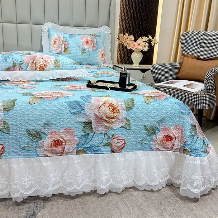 91家纺网 家纺一手货源 找家纺 冬然家纺 2026新款数码印花纯棉单床盖床盖单件单品床盖 富贵牡丹-蓝