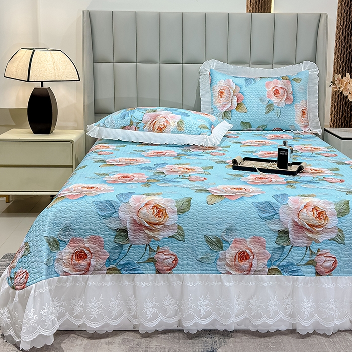 91家纺网 家纺一手货源 找家纺 冬然家纺 2026新款数码印花纯棉单床盖床盖单件单品床盖 富贵牡丹-蓝