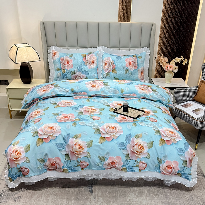 91家纺网 家纺一手货源 找家纺 冬然家纺 2026新款数码印花纯棉单床盖床盖单件单品床盖 富贵牡丹-蓝