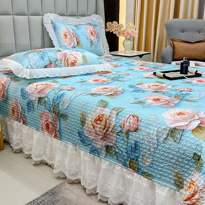 91家纺网 家纺一手货源 找家纺 冬然家纺 2026新款数码印花纯棉单床盖床盖单件单品床盖 富贵牡丹-蓝