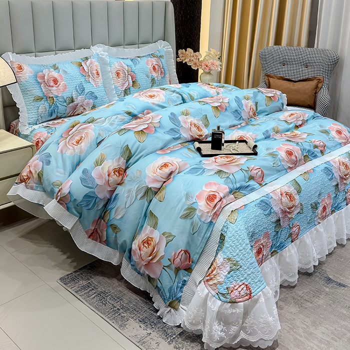 91家纺网 家纺一手货源 找家纺 冬然家纺 2026新款数码印花纯棉单床盖床盖单件单品床盖 富贵牡丹-蓝