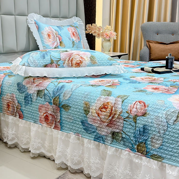 91家纺网 家纺一手货源 找家纺 冬然家纺 2026新款数码印花纯棉单床盖床盖单件单品床盖 富贵牡丹-蓝