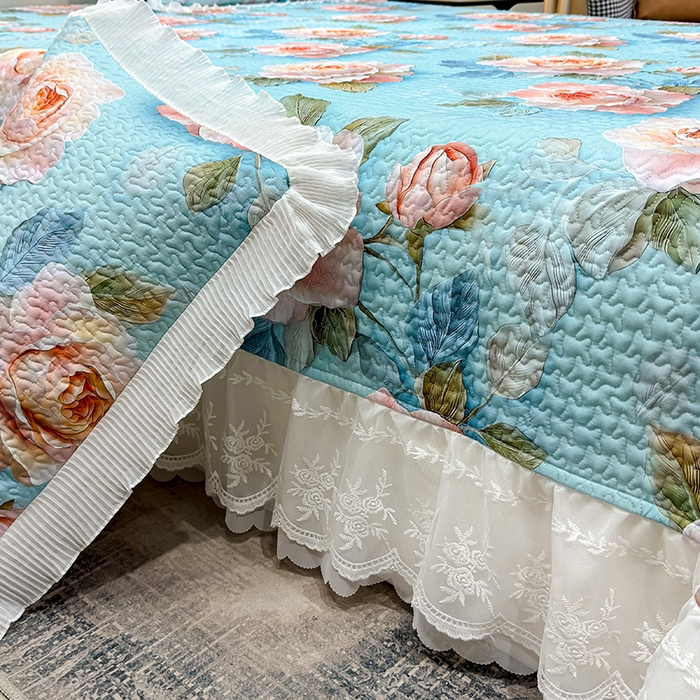 91家纺网 家纺一手货源 找家纺 冬然家纺 2026新款数码印花纯棉单床盖床盖单件单品床盖 富贵牡丹-蓝