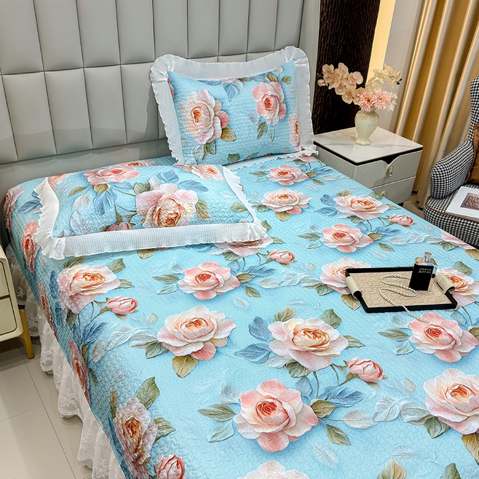 91家纺网 家纺一手货源 找家纺 冬然家纺 2026新款数码印花纯棉单床盖床盖单件单品床盖 富贵牡丹-蓝