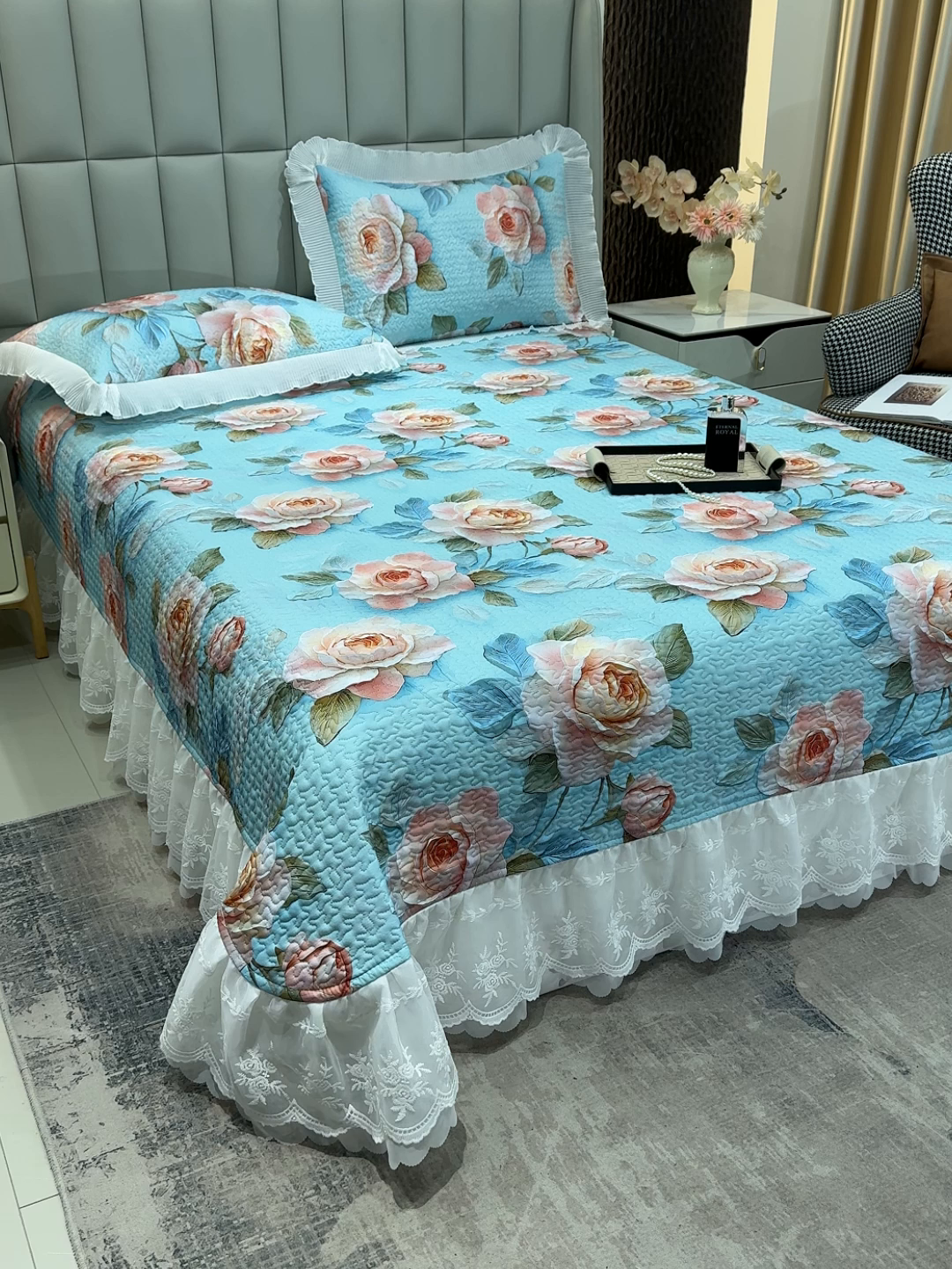 91家纺网 家纺一手货源 找家纺 冬然家纺 2026新款数码印花纯棉单床盖床盖单件单品床盖 富贵牡丹-蓝