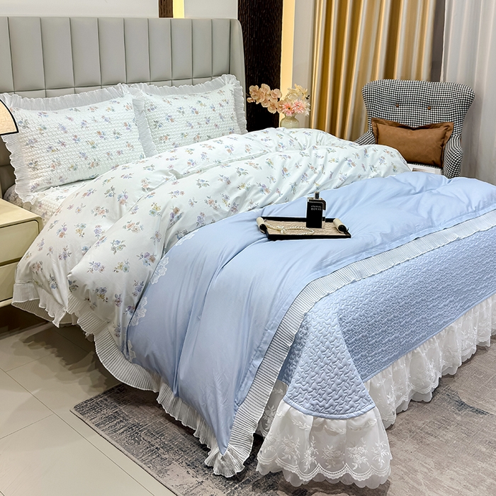 91家纺网 家纺一手货源 找家纺 冬然家纺 2026新款数码印花纯棉单床盖床盖单件单品床盖 蓝调花叙