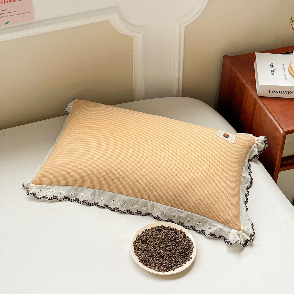 91家纺网 家纺一手货源 找家纺 梦叶草 2026新款全棉马卡龙蕾丝荞麦枕法式风枕枕头枕芯 马卡龙蕾丝荞麦枕-橙色