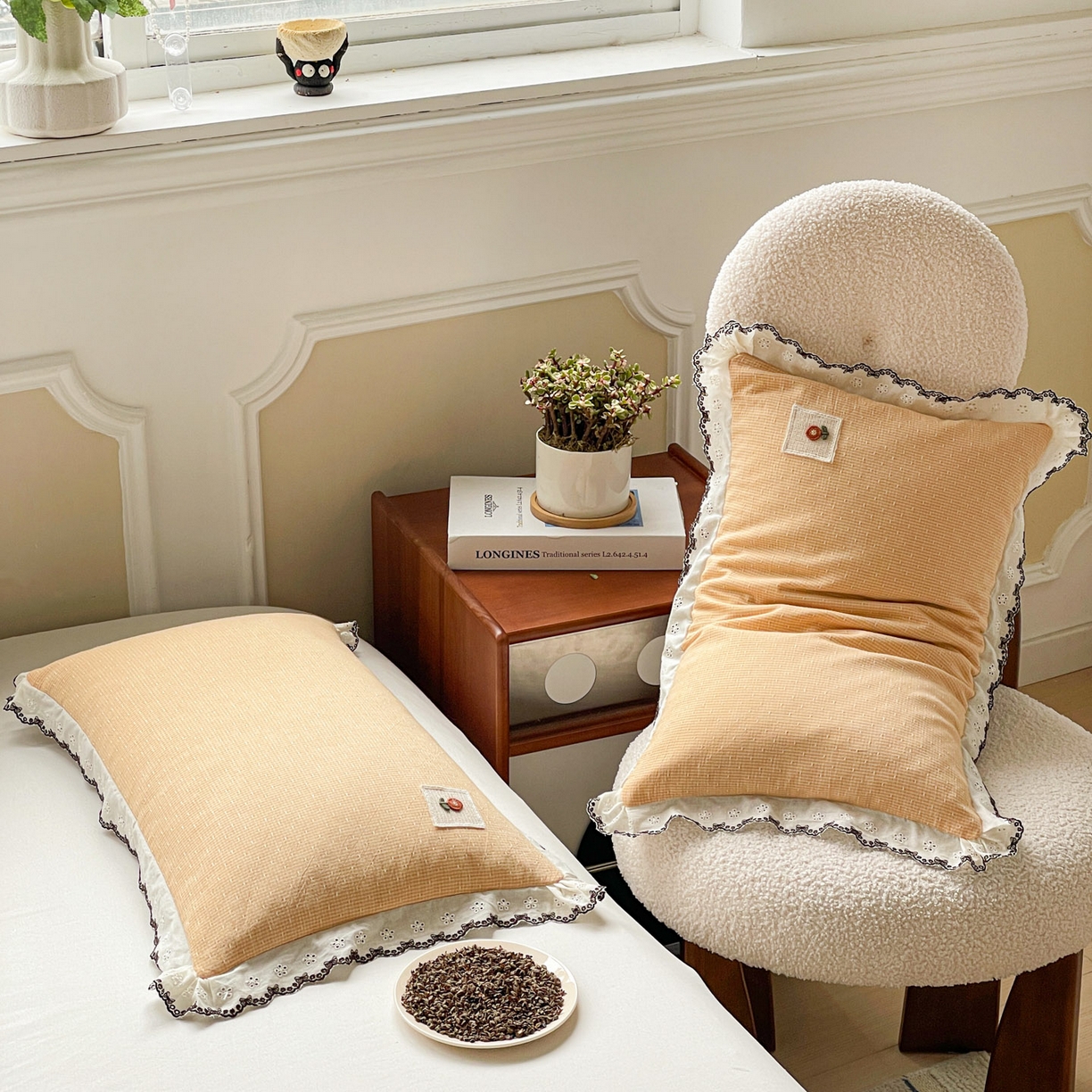 91家纺网 家纺一手货源 找家纺 梦叶草 2026新款全棉马卡龙蕾丝荞麦枕法式风枕枕头枕芯 马卡龙蕾丝荞麦枕-橙色