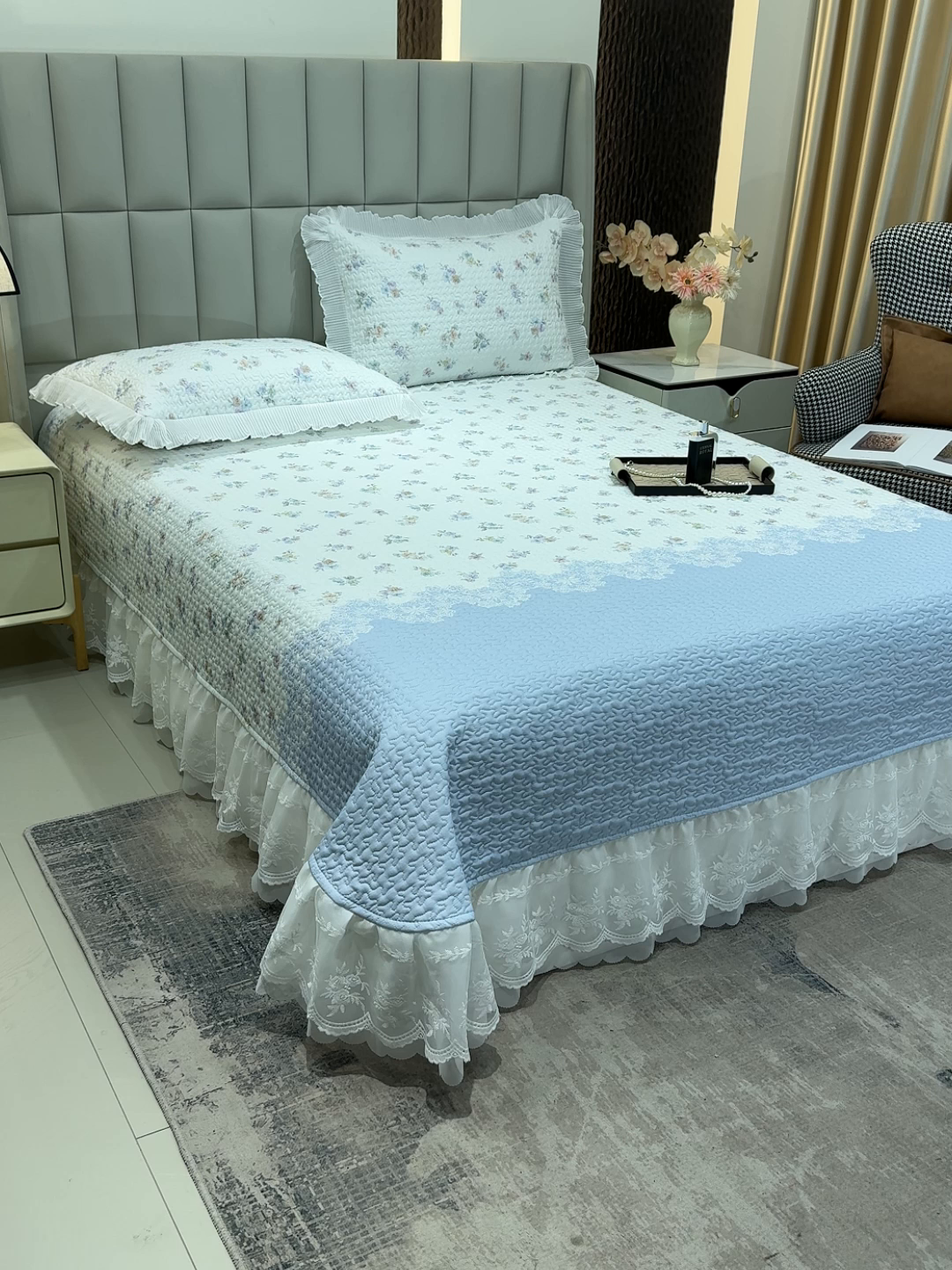 91家纺网 家纺一手货源 找家纺 冬然家纺 2026新款数码印花纯棉单床盖床盖单件单品床盖 蓝调花叙