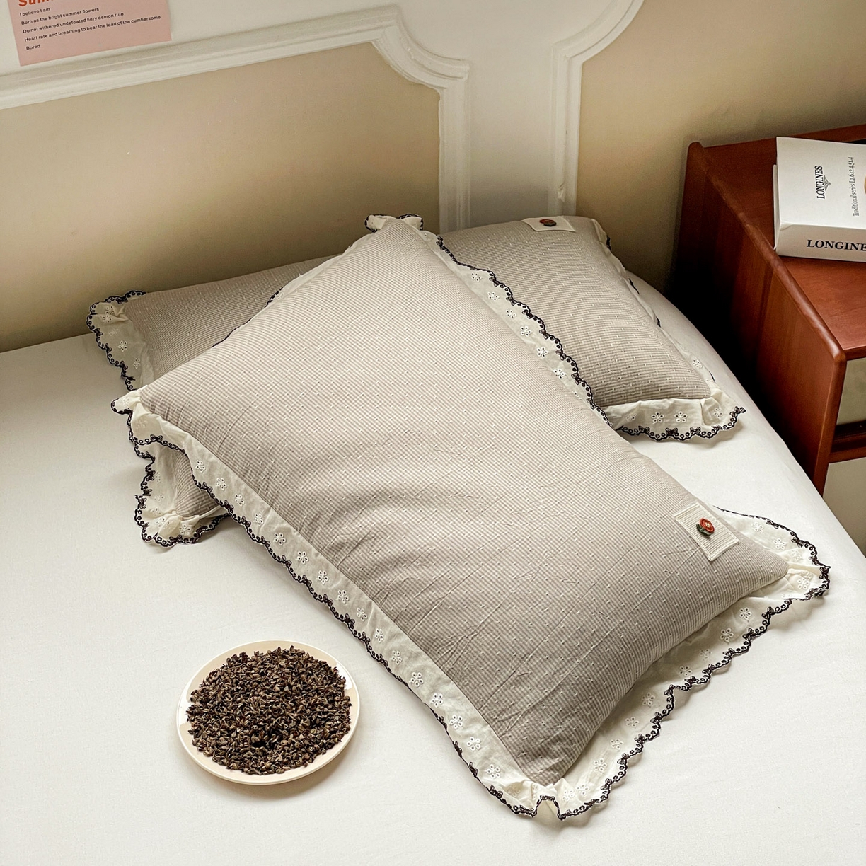 91家纺网 家纺一手货源 找家纺 梦叶草 2026新款全棉马卡龙蕾丝荞麦枕法式风枕枕头枕芯 马卡龙蕾丝荞麦枕-灰色