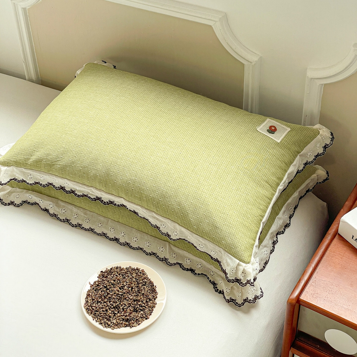 梦叶草 2026新款全棉马卡龙蕾丝荞麦枕法式风枕枕头枕芯 马卡龙蕾丝荞麦枕-绿色