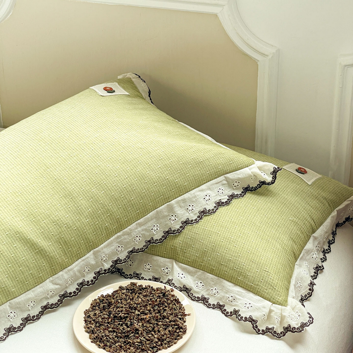 91家纺网 家纺一手货源 找家纺 梦叶草 2026新款全棉马卡龙蕾丝荞麦枕法式风枕枕头枕芯 马卡龙蕾丝荞麦枕-绿色