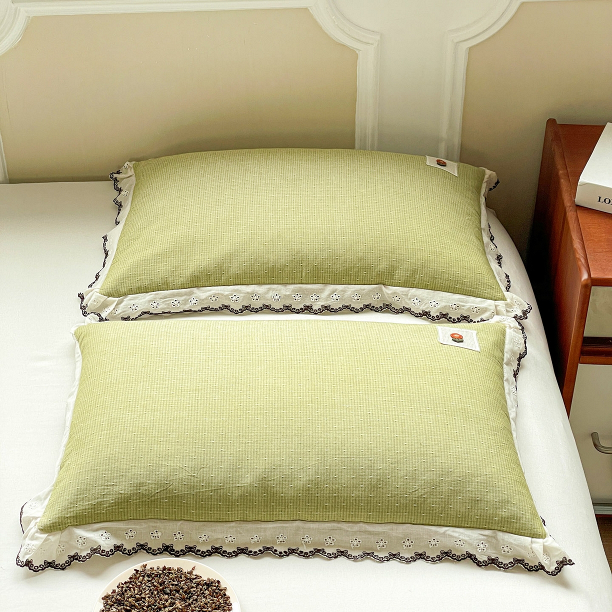 91家纺网 家纺一手货源 找家纺 梦叶草 2026新款全棉马卡龙蕾丝荞麦枕法式风枕枕头枕芯 马卡龙蕾丝荞麦枕-绿色