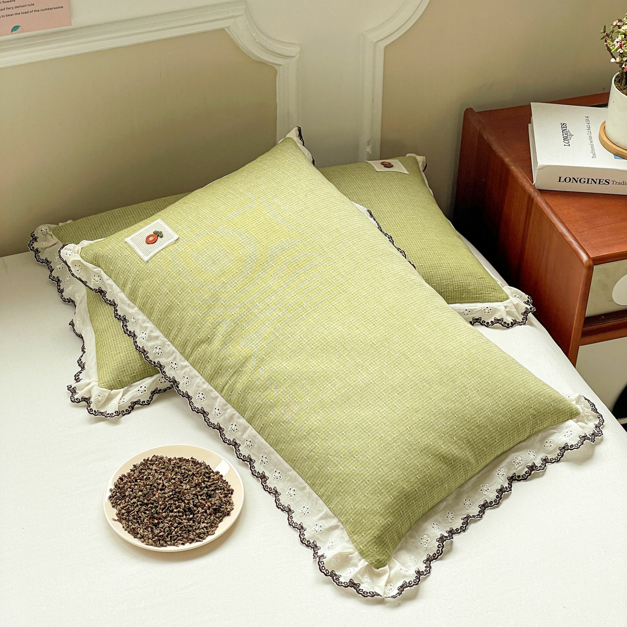 91家纺网 家纺一手货源 找家纺 梦叶草 2026新款全棉马卡龙蕾丝荞麦枕法式风枕枕头枕芯 马卡龙蕾丝荞麦枕-绿色