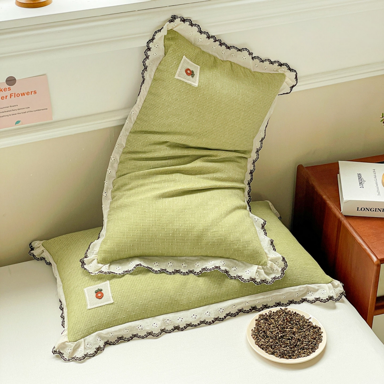 91家纺网 家纺一手货源 找家纺 梦叶草 2026新款全棉马卡龙蕾丝荞麦枕法式风枕枕头枕芯 马卡龙蕾丝荞麦枕-绿色