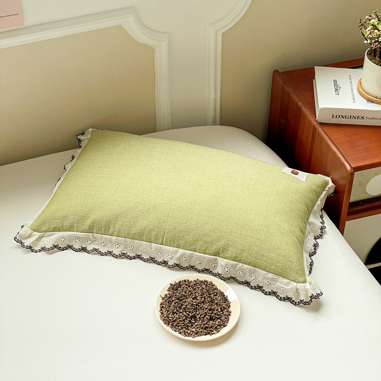 91家纺网 家纺一手货源 找家纺 梦叶草 2026新款全棉马卡龙蕾丝荞麦枕法式风枕枕头枕芯 马卡龙蕾丝荞麦枕-绿色