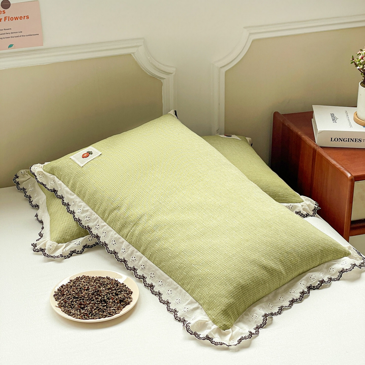 91家纺网 家纺一手货源 找家纺 梦叶草 2026新款全棉马卡龙蕾丝荞麦枕法式风枕枕头枕芯 马卡龙蕾丝荞麦枕-绿色