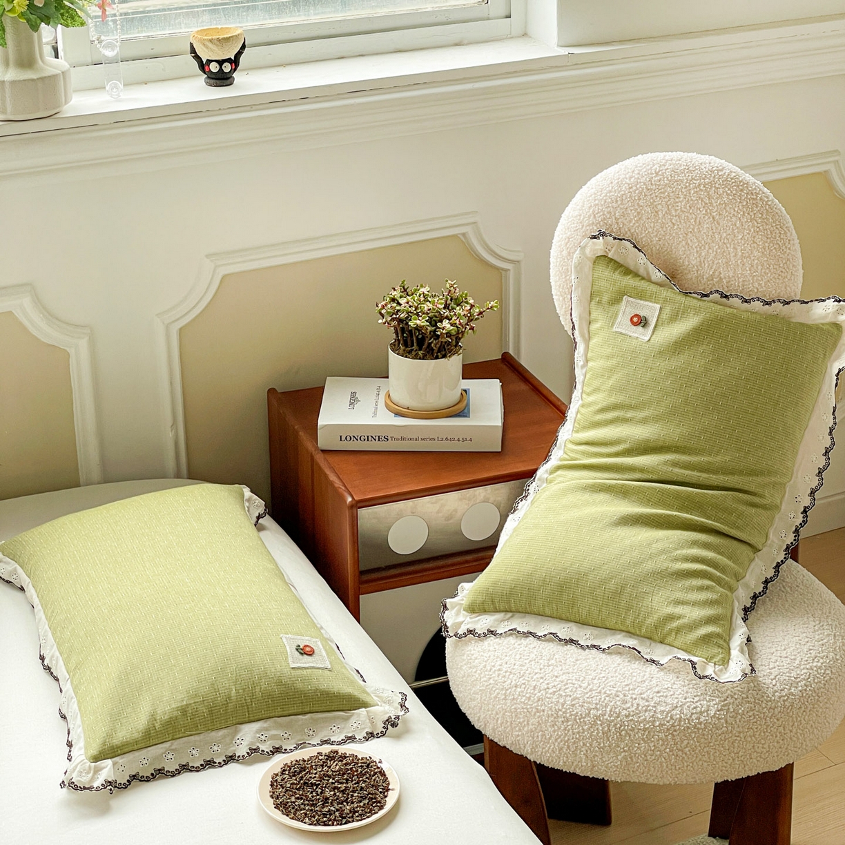 91家纺网 家纺一手货源 找家纺 梦叶草 2026新款全棉马卡龙蕾丝荞麦枕法式风枕枕头枕芯 马卡龙蕾丝荞麦枕-绿色