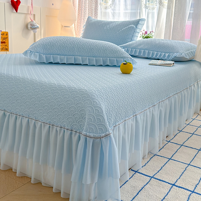 91家纺网 家纺一手货源 找家纺 冬然家纺 2026新款【快乐熊 云朵纹系列】冰豆豆凉席床裙款 云朵纹-蓝