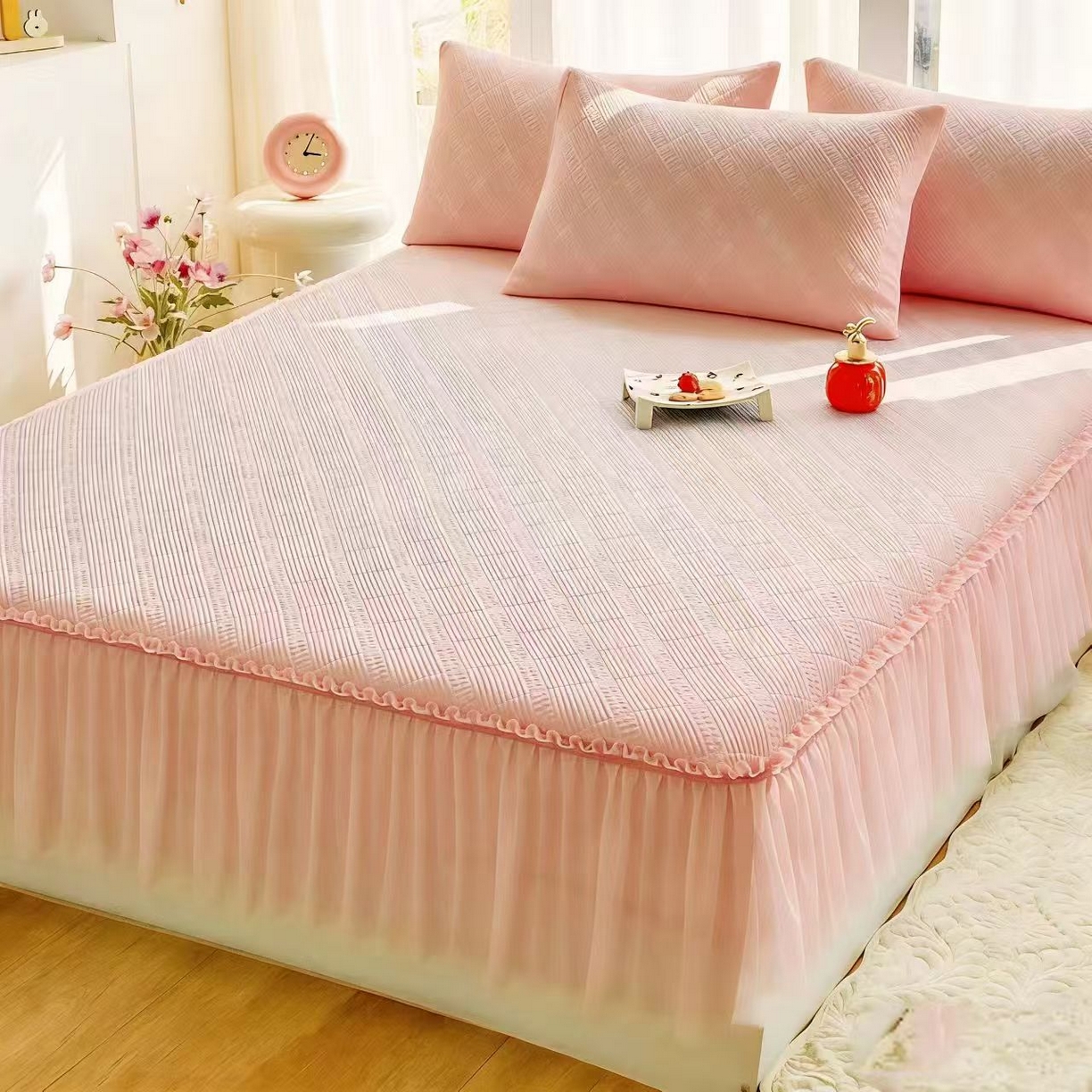 卡诗兰 2026春夏新款pe中分子凉感床裙凉席席子 雅格-粉