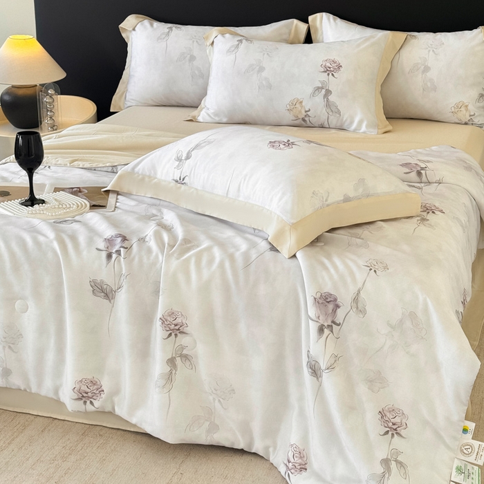 91家纺网 家纺一手货源 找家纺 梵克保罗 2026新款简约莱赛尔夏被夏凉被空调被四件套 玫瑰絮语