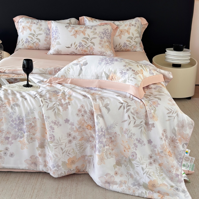 91家纺网 家纺一手货源 找家纺 梵克保罗 2026新款简约莱赛尔夏被夏凉被空调被四件套 雾粉花信