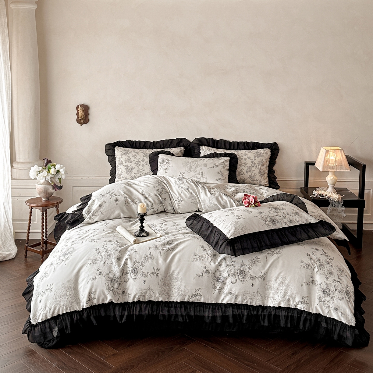 91家纺网 家纺一手货源 找家纺 （总）蓝邻家纺 2026新款全棉真丝皱花边款床盖四件套系列