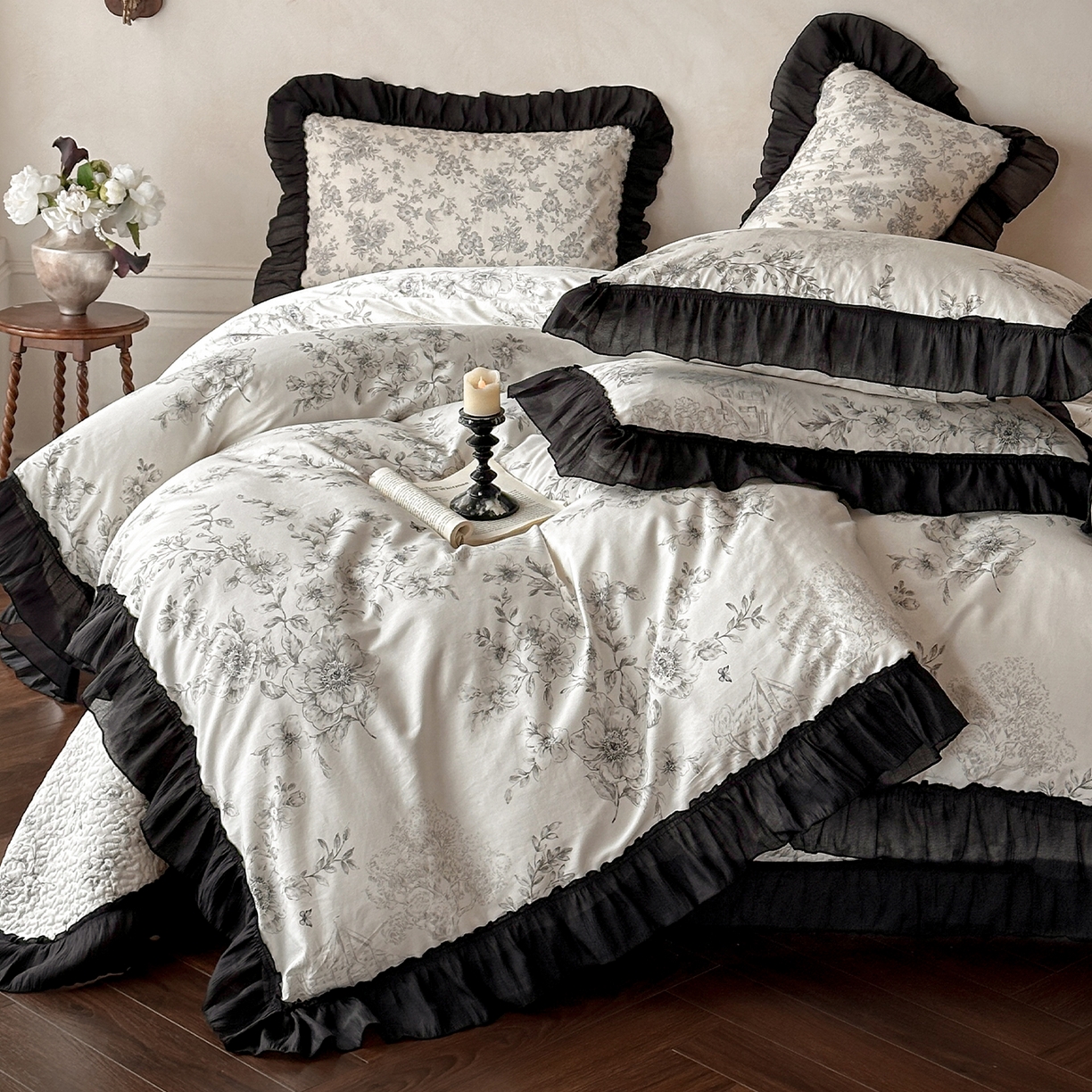 91家纺网 家纺一手货源 找家纺 （总）蓝邻家纺 2026新款全棉真丝皱花边款床盖四件套系列