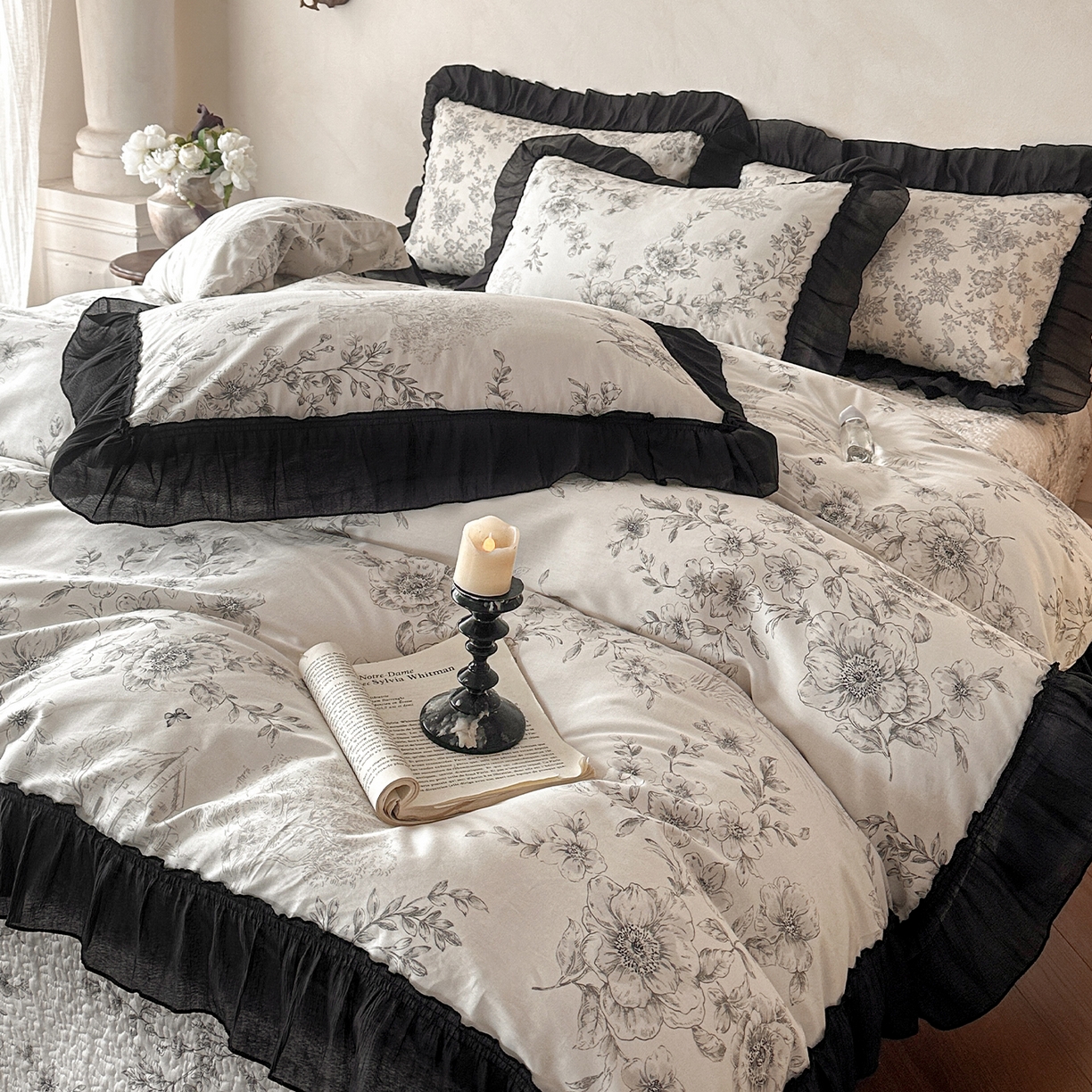 91家纺网 家纺一手货源 找家纺 （总）蓝邻家纺 2026新款全棉真丝皱花边款床盖四件套系列