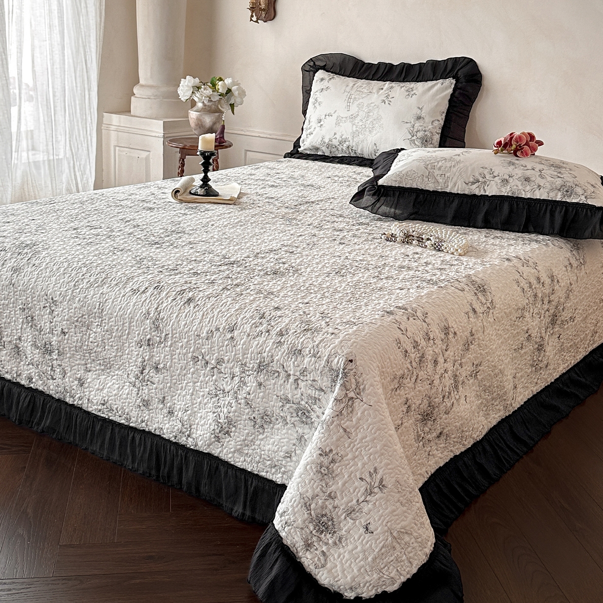 91家纺网 家纺一手货源 找家纺 （总）蓝邻家纺 2026新款全棉真丝皱花边款床盖四件套系列