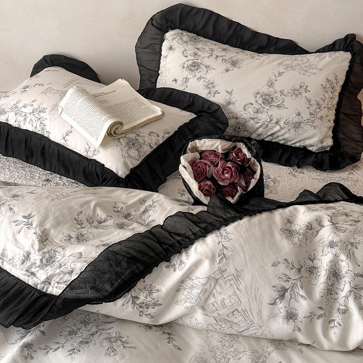 91家纺网 家纺一手货源 找家纺 （总）蓝邻家纺 2026新款全棉真丝皱花边款床盖四件套系列