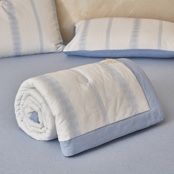 91家纺网 家纺一手货源 找家纺 简如 2026新款里外全棉色织提花新疆棉花夏凉被四件套详-简条系列 简条-蓝