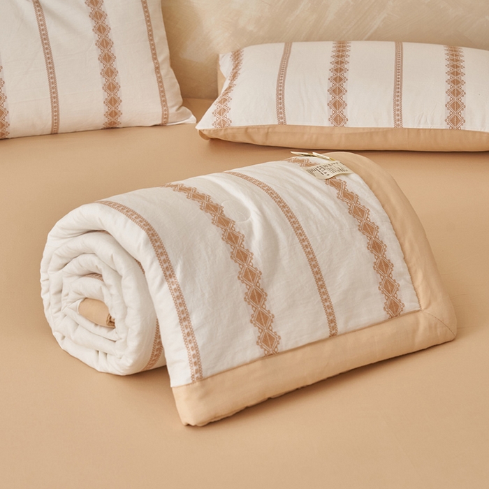 91家纺网 家纺一手货源 找家纺 简如 2026新款里外全棉色织提花新疆棉花夏凉被四件套详-简条系列 简条-米驼