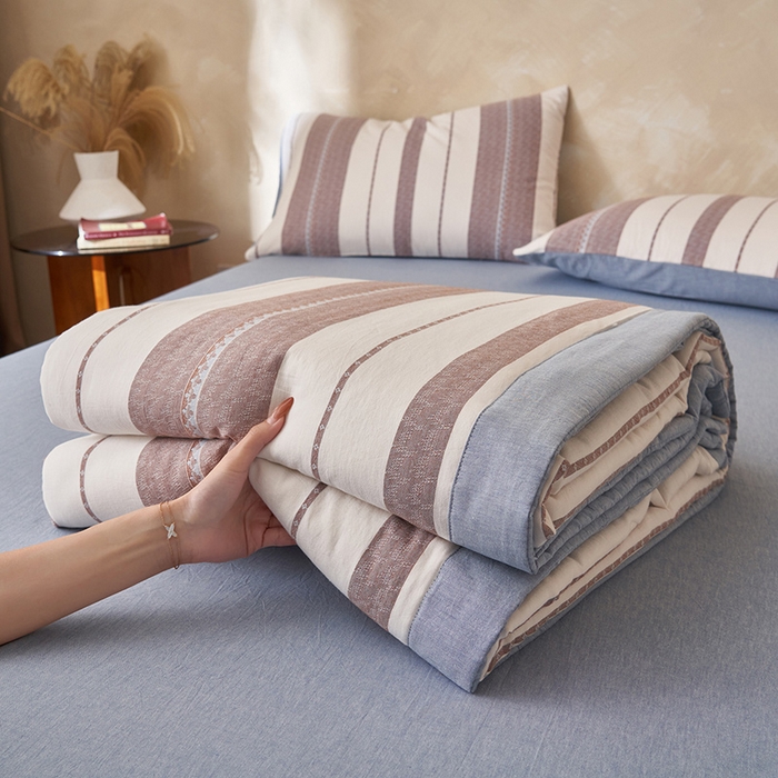 91家纺网 家纺一手货源 找家纺 简如 2026新款里外全棉色织提花新疆棉花夏凉被四件套详-简条系列 千鸟格-蓝