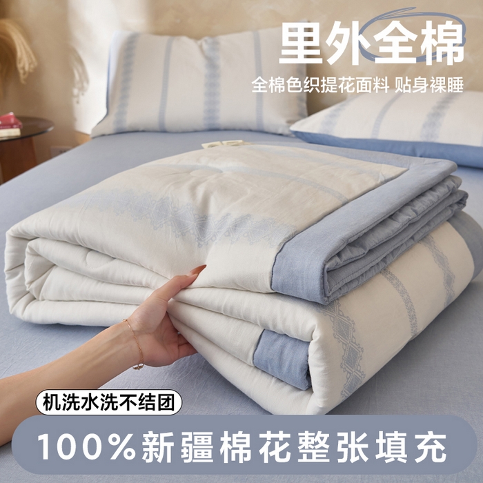 简如 2026新款里外全棉色织提花新疆棉花夏凉被四件套详-简条系列 简条-蓝