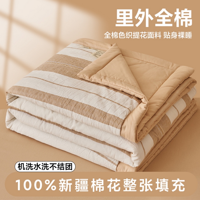 91家纺网 家纺一手货源 找家纺 简如 2026新款里外全棉色织提花新疆棉花夏凉被四件套详-简条系列 千鸟格-米驼