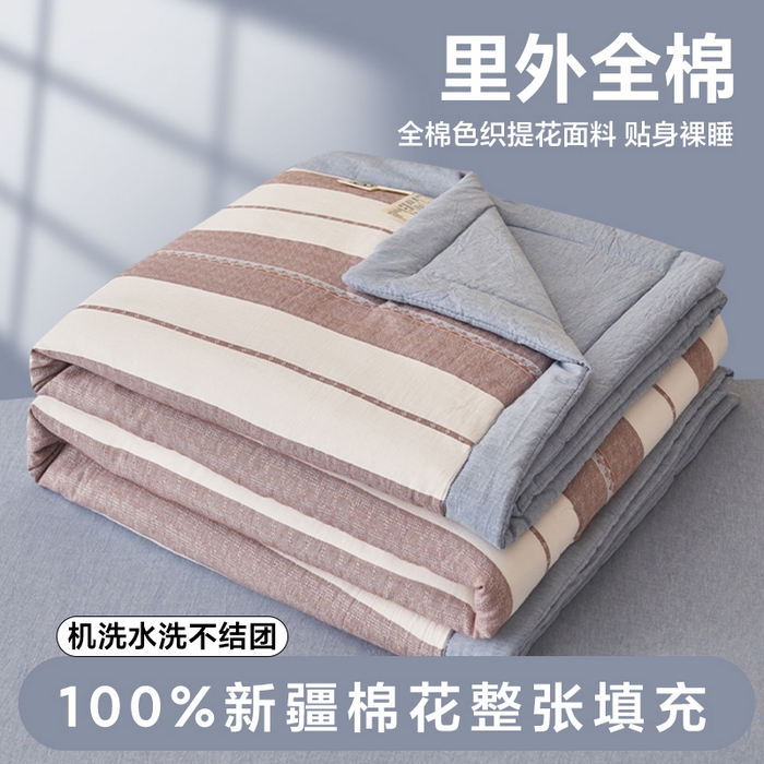 91家纺网 家纺一手货源 找家纺 简如 2026新款里外全棉色织提花新疆棉花夏凉被四件套详-简条系列 千鸟格-蓝