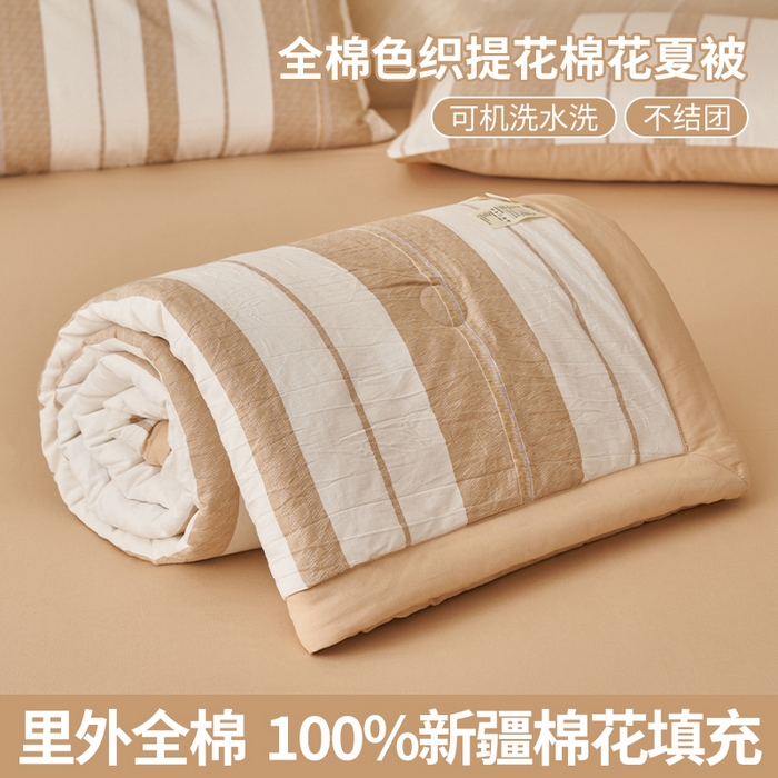 91家纺网 家纺一手货源 找家纺 简如 2026新款里外全棉色织提花新疆棉花夏凉被四件套详-简条系列 千鸟格-米驼