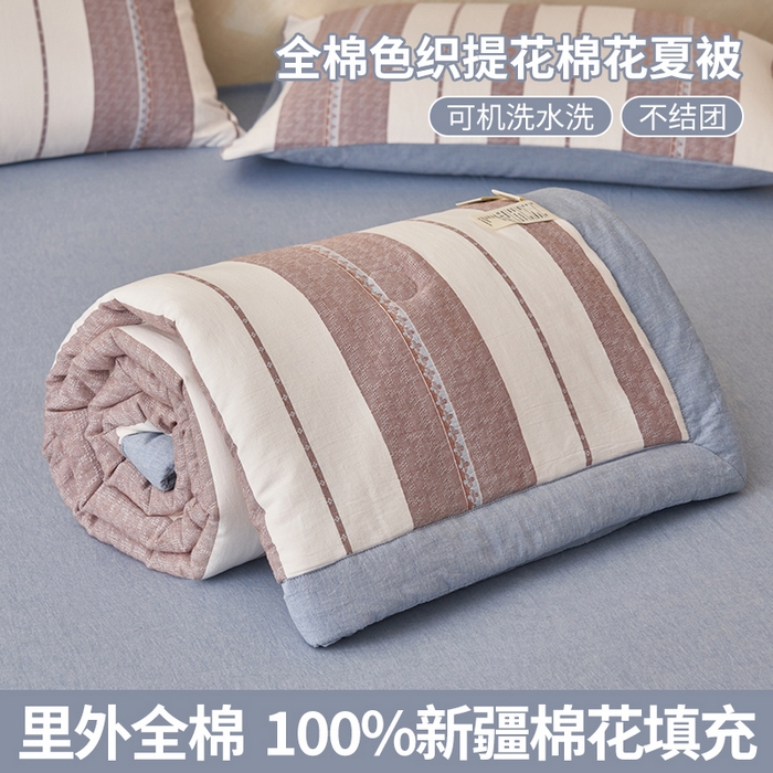 91家纺网 家纺一手货源 找家纺 简如 2026新款里外全棉色织提花新疆棉花夏凉被四件套详-简条系列 千鸟格-蓝