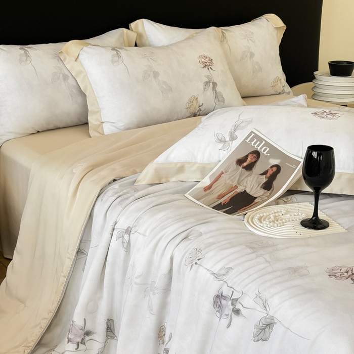 91家纺网 家纺一手货源 找家纺 （总）梵克保罗 2026春夏新款莱赛尔天丝夏被嵌绳款数码印花单夏被夏被四件套夏凉被单枕套