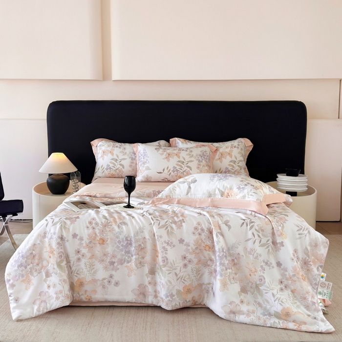 梵克保罗 2026春夏新款莱赛尔天丝夏被嵌绳款数码印花单夏被夏被四件套夏凉被单枕套 雾粉花信